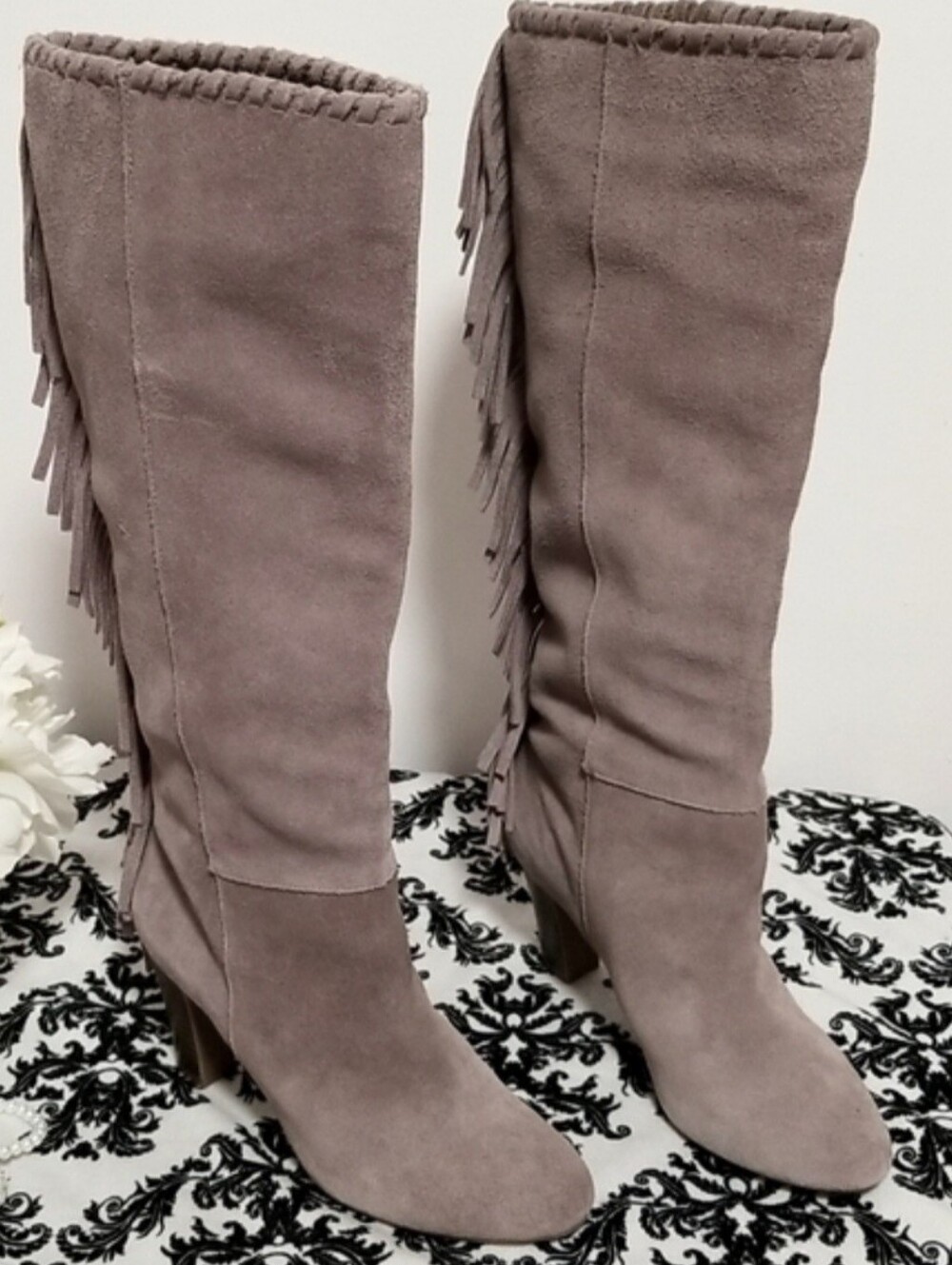 NEW Cosmopolitan Taupe Suede Leather Fringe Knee-High Boots NWOB Size 6M